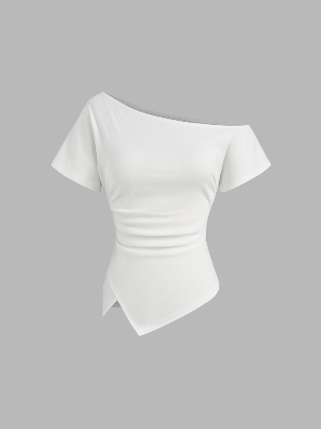 Cotton-blend Asymmetrical Neck Ruched Tee