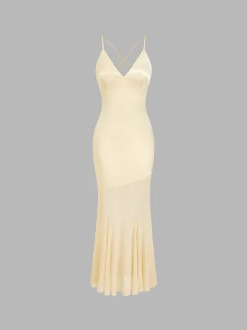 Satin V-neck Criss Cross Asymmetrical Mermaid Hem Cami Maxi Dress