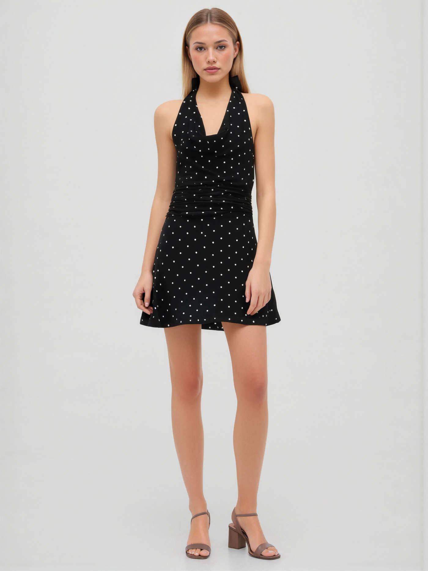 Cotton-blend Halter Cowl Neck Polka Dot Knotted Mini Dress