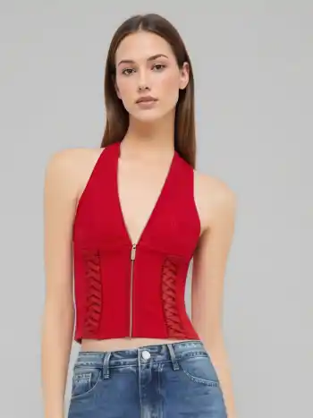 V-neck Halter Zipper Lace Up Top