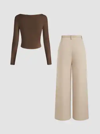 Set aus Bootshals-Langarm-Oberteil und Mittelbund-Rectangle-Hosen mit Gürtel