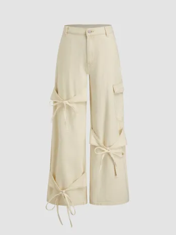 Cider Denim Low Rise Solid Bowknot Pocket Wide Leg Jeans
