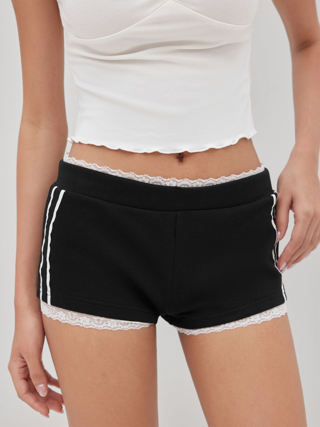 Terry Low Rise Contrasting Lace Micro Shorts