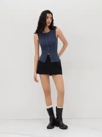 Round Neckline Stripe Button Through Tank Top