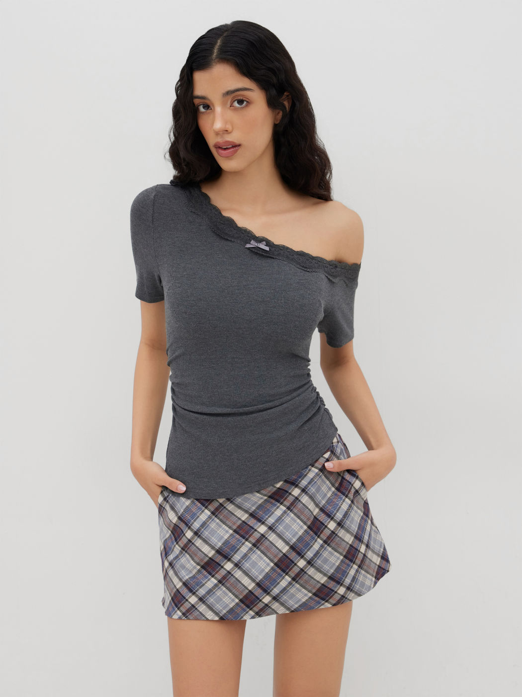Asymmetrical Neck Bowknot Lace Trim Ruched Top