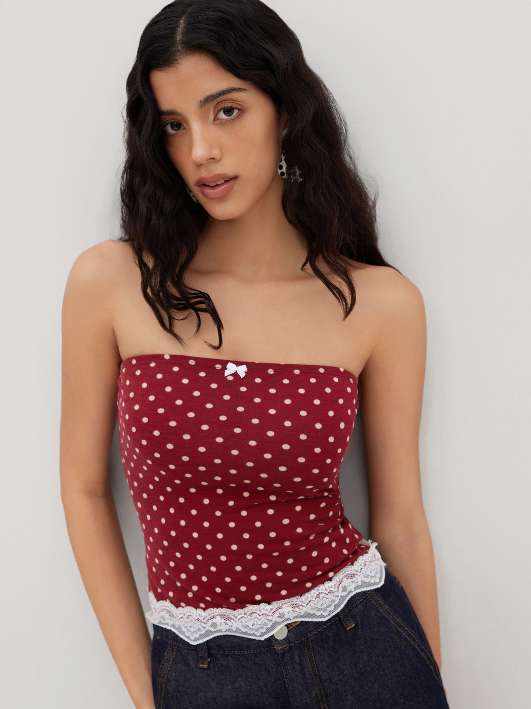 Polka Dot Lace Trim Bowknot Bandeau Top