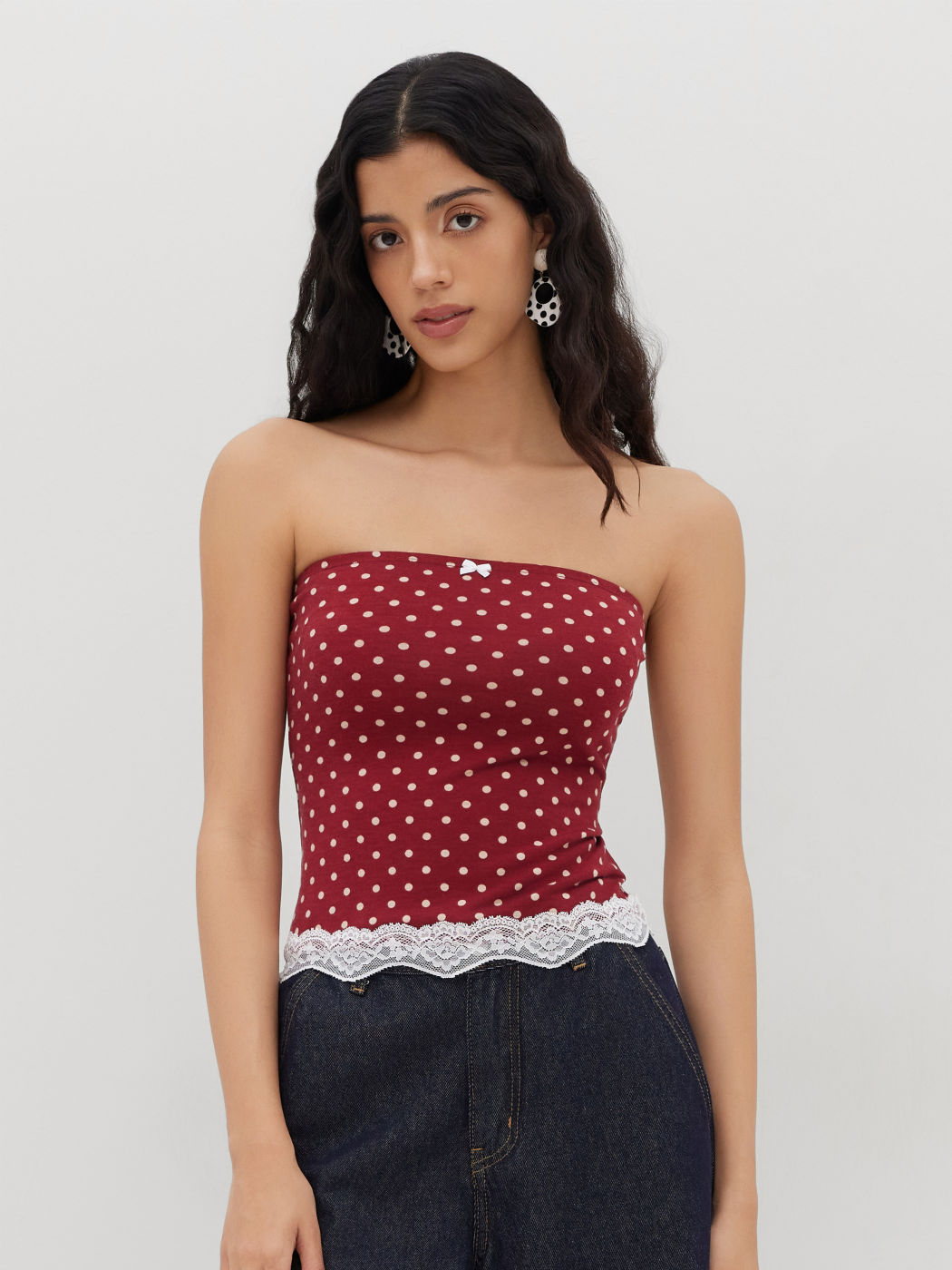 Polka Dot Lace Trim Bowknot Bandeau Top