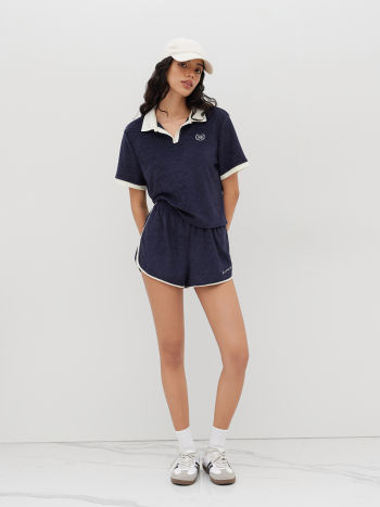 Terry Polo Embroidery Top & Mid Rise Side Stripe Micro Shorts Set