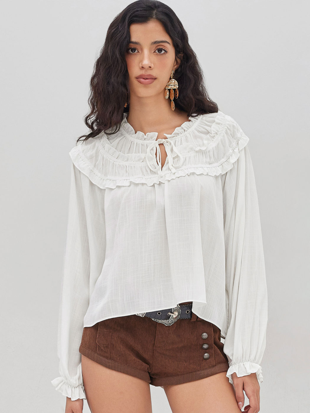 Round Neckline Ruffle Hem Oversized Blouse