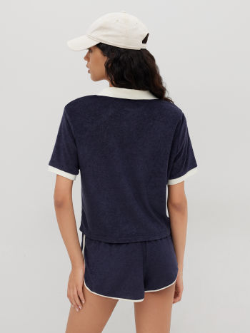 Terry Polo Embroidery Top & Mid Rise Side Stripe Micro Shorts Set