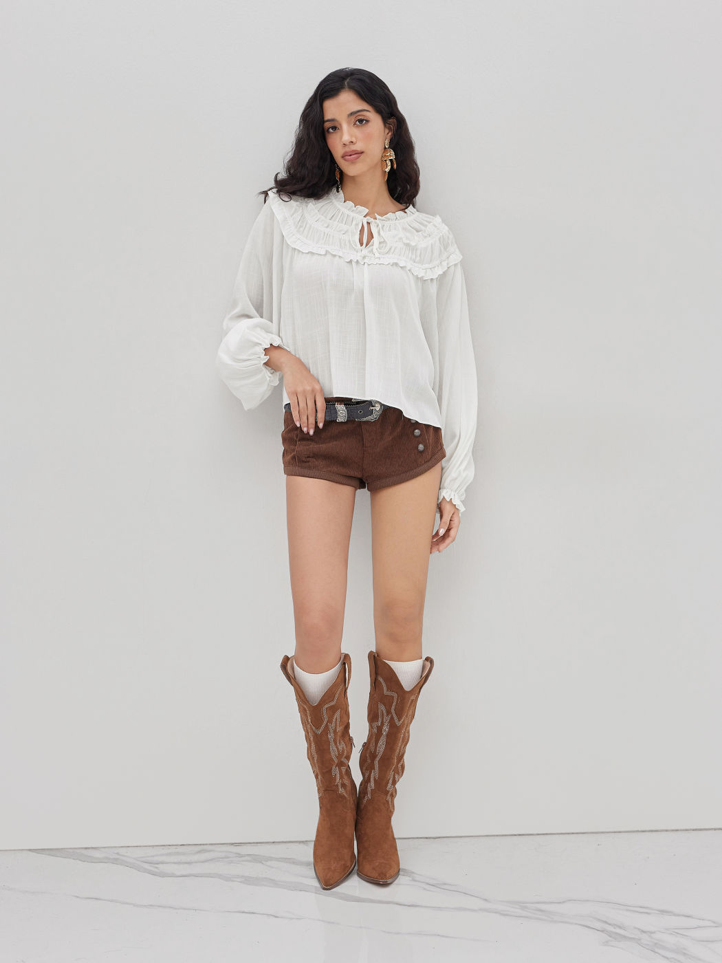 Round Neckline Ruffle Hem Oversized Blouse