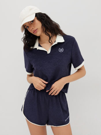 Terry Polo Embroidery Top & Mid Rise Side Stripe Micro Shorts Set