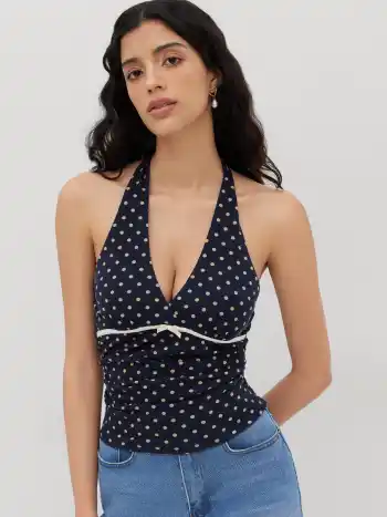 V-neck Halter Polka Dot Bowknot Ruched Tank Top