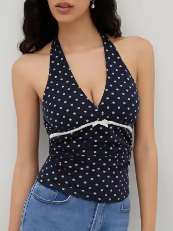 V-neck Halter Polka Dot Bowknot Ruched Tank Top