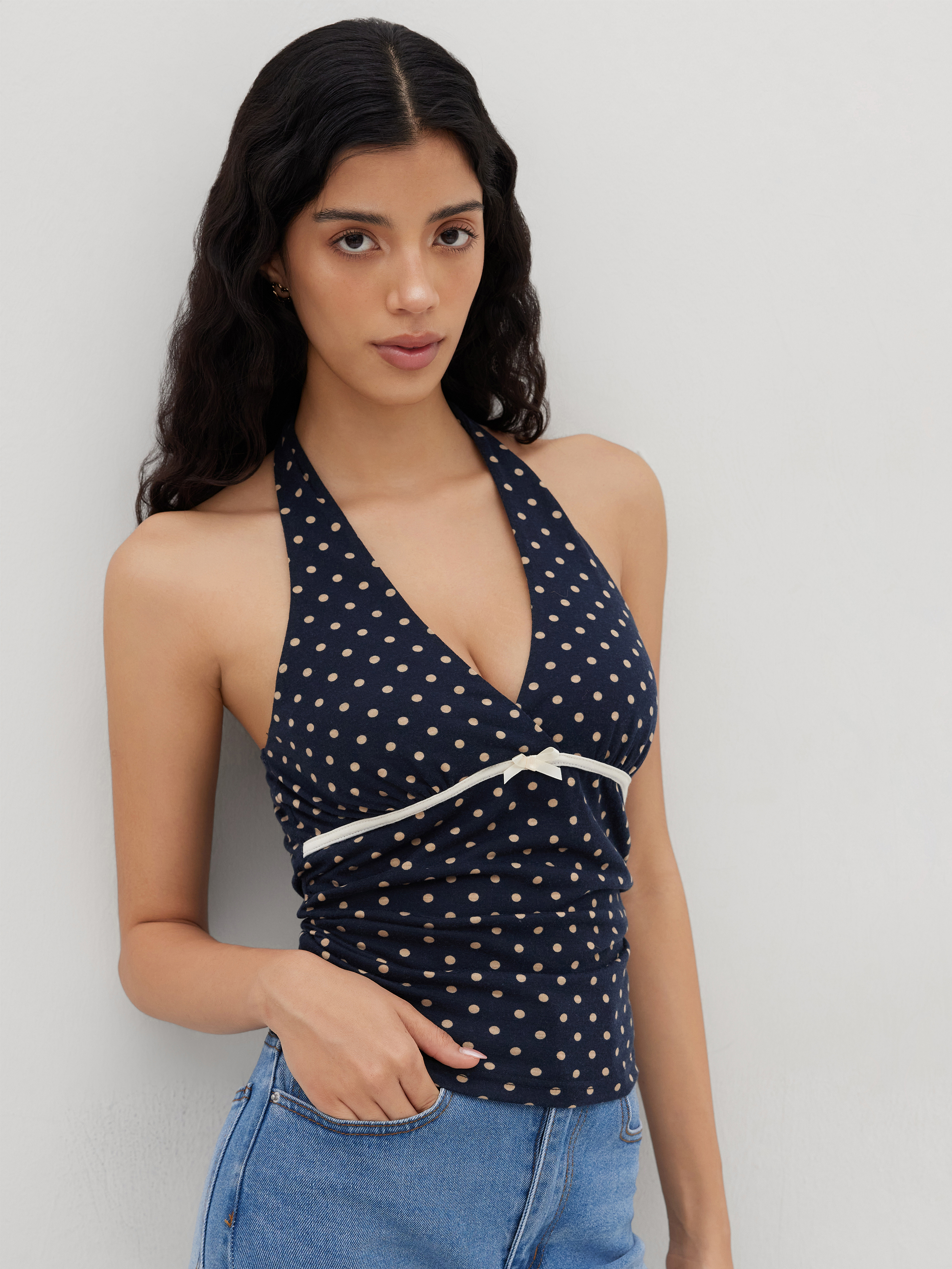 V-neck Halter Polka Dot Bowknot Ruched Tank Top