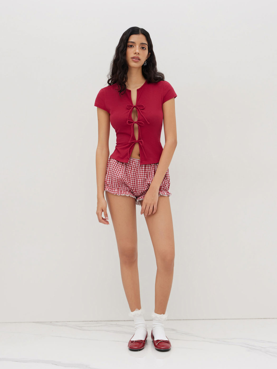 Cotton-blend Tie Front Bow Top & Gingham Broderie Anglaise Lettuce Trim Shorts