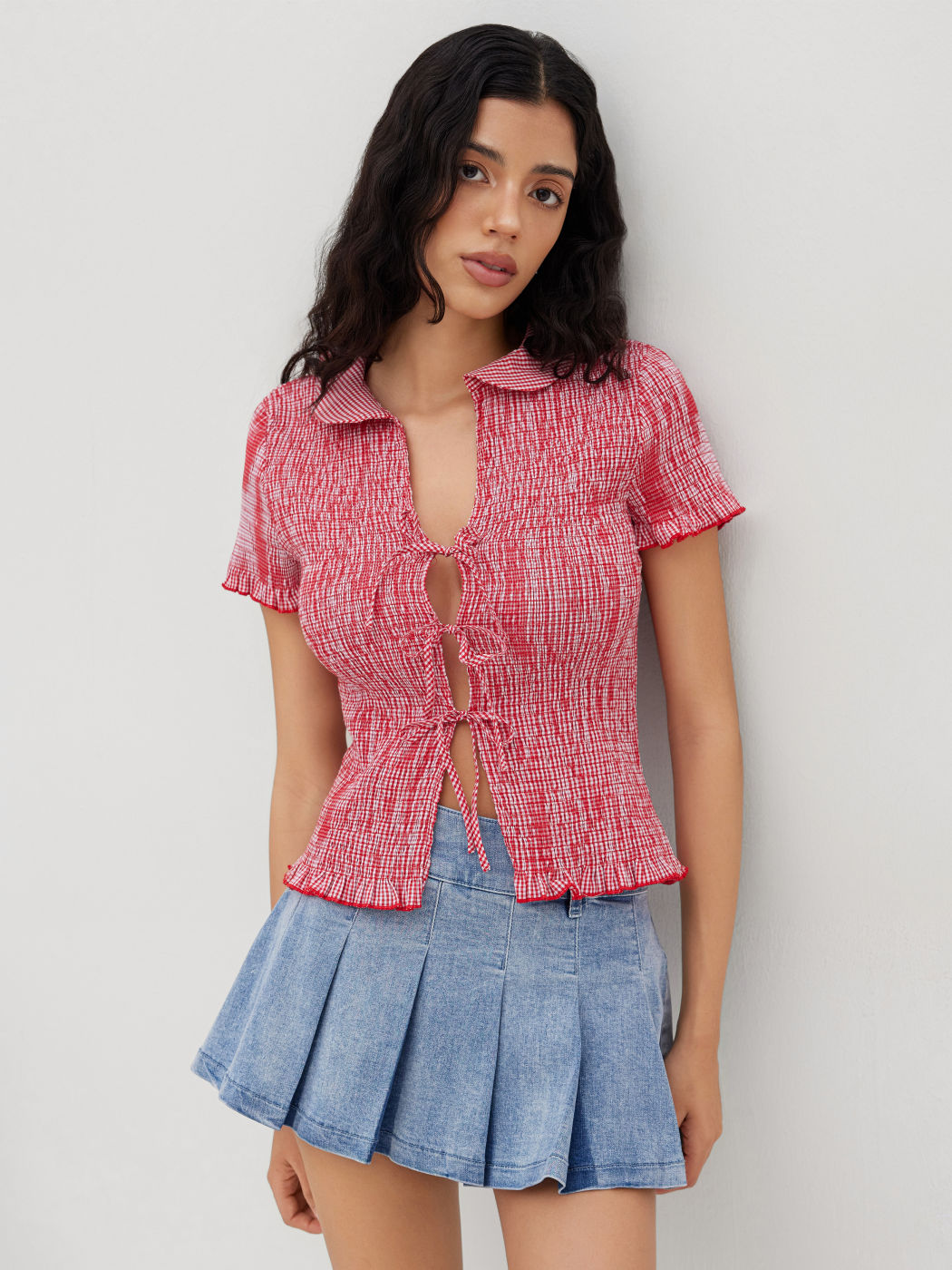 100% Cotton Gingham Tie Front Bow Shirred Top