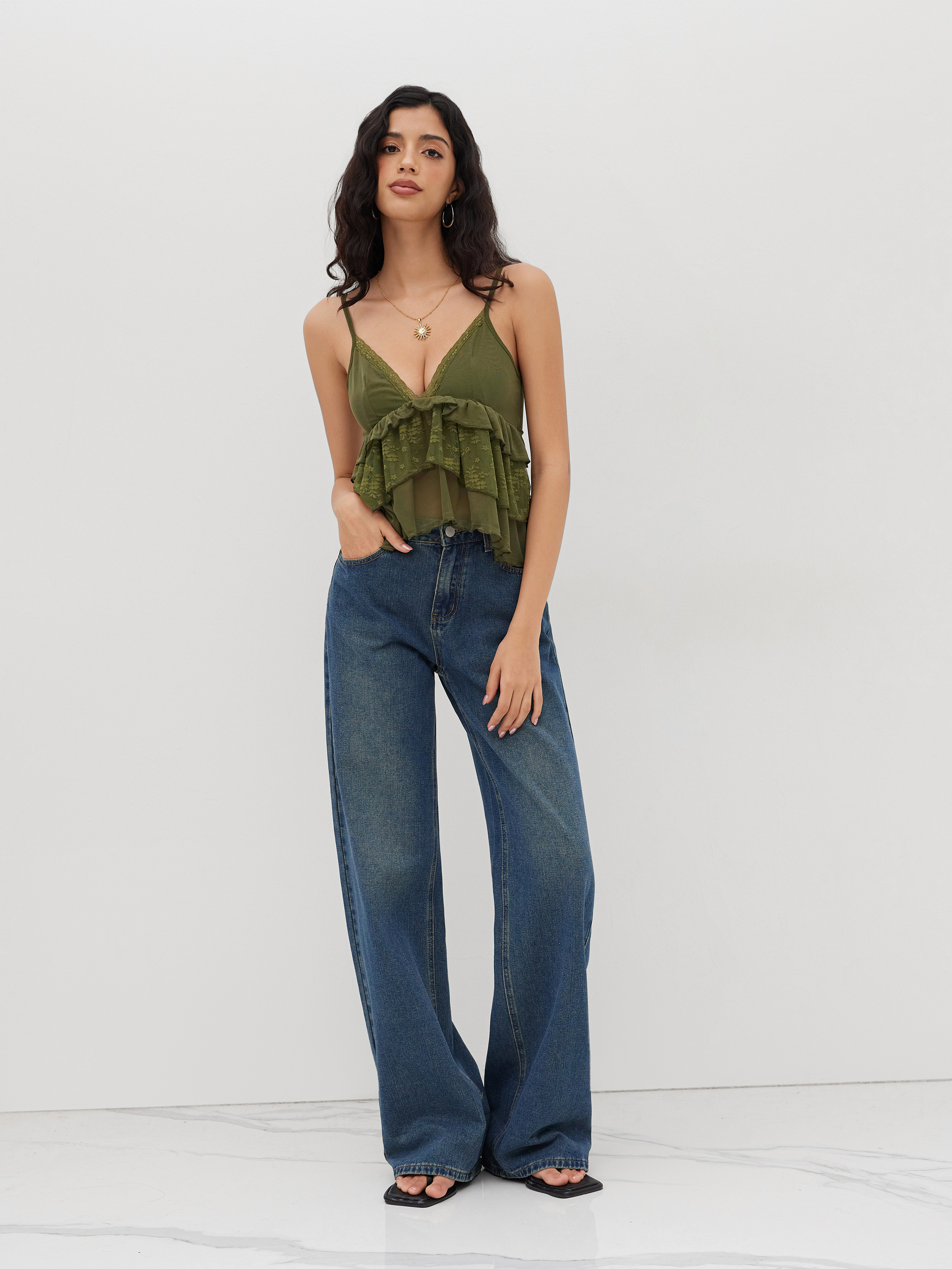 Mesh V-neck Floral Lace Trim Ruffle Cami Top
