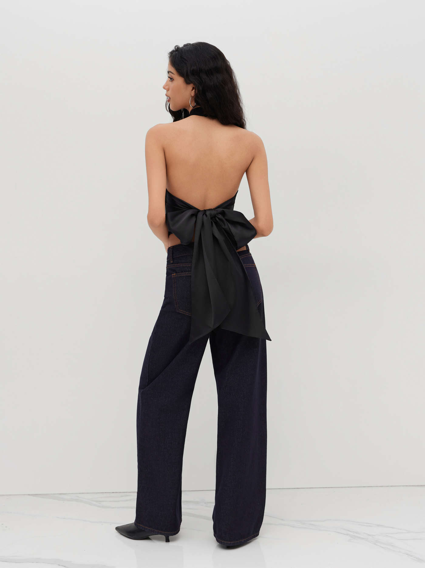 Satin Tie Back Bowknot Backless Crop Top