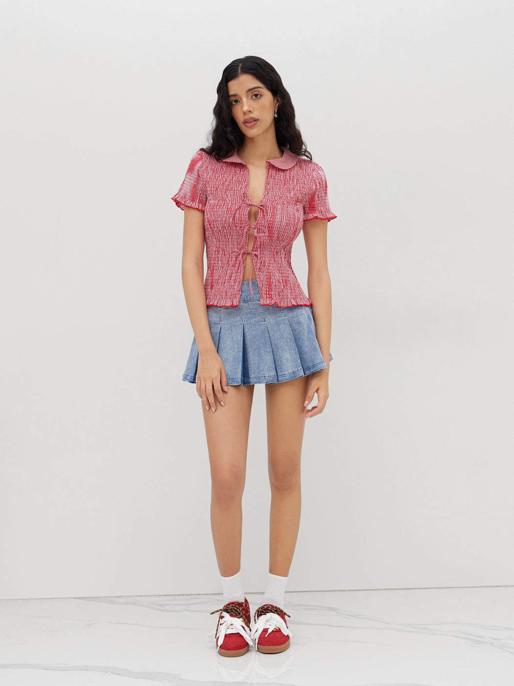 100% Cotton Gingham Tie Front Bow Shirred Top