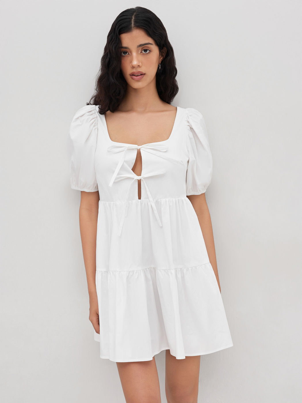 100% Cotton Tie Front Bow Smock Mini Dress