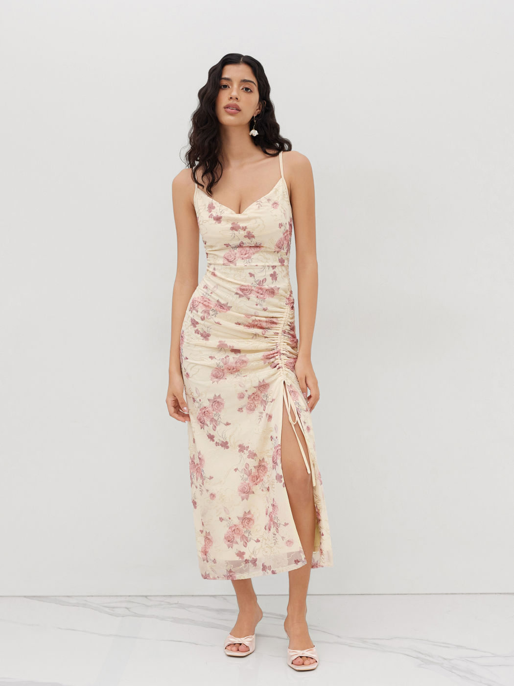 Florales Maxikleid mit Mesh-Sweetheart-Bodice, Reißverschluss und Ruched-Design