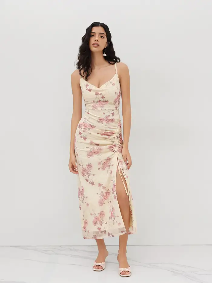 mesh ruched drawstring maxi dress Veronica Pink Mesh Ruched Maxi Dress