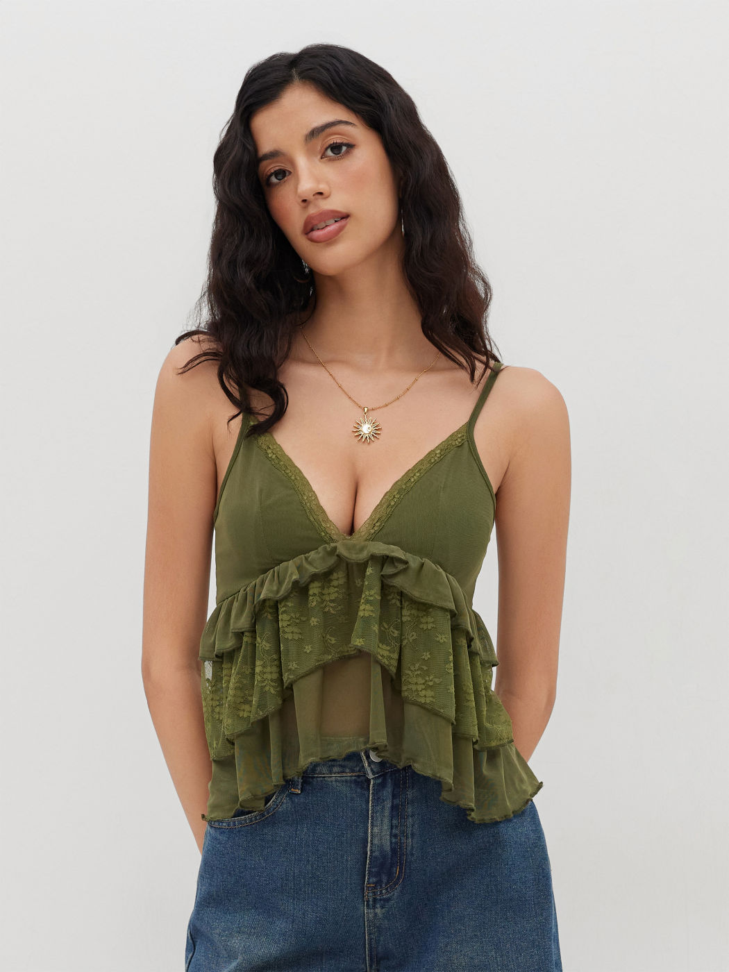 Mesh V-neck Floral Lace Trim Ruffle Cami Top