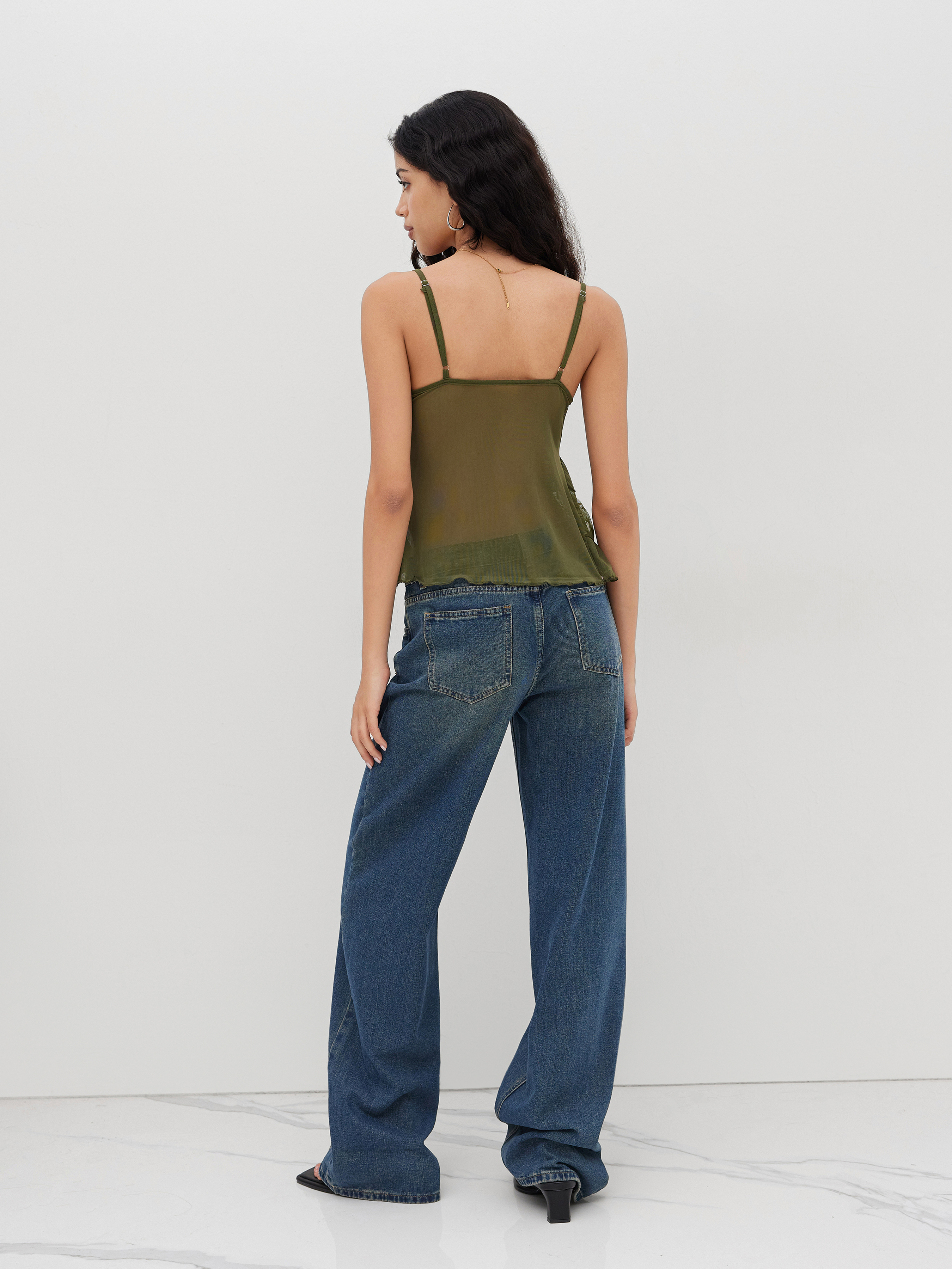 Mesh V-neck Floral Lace Trim Ruffle Cami Top