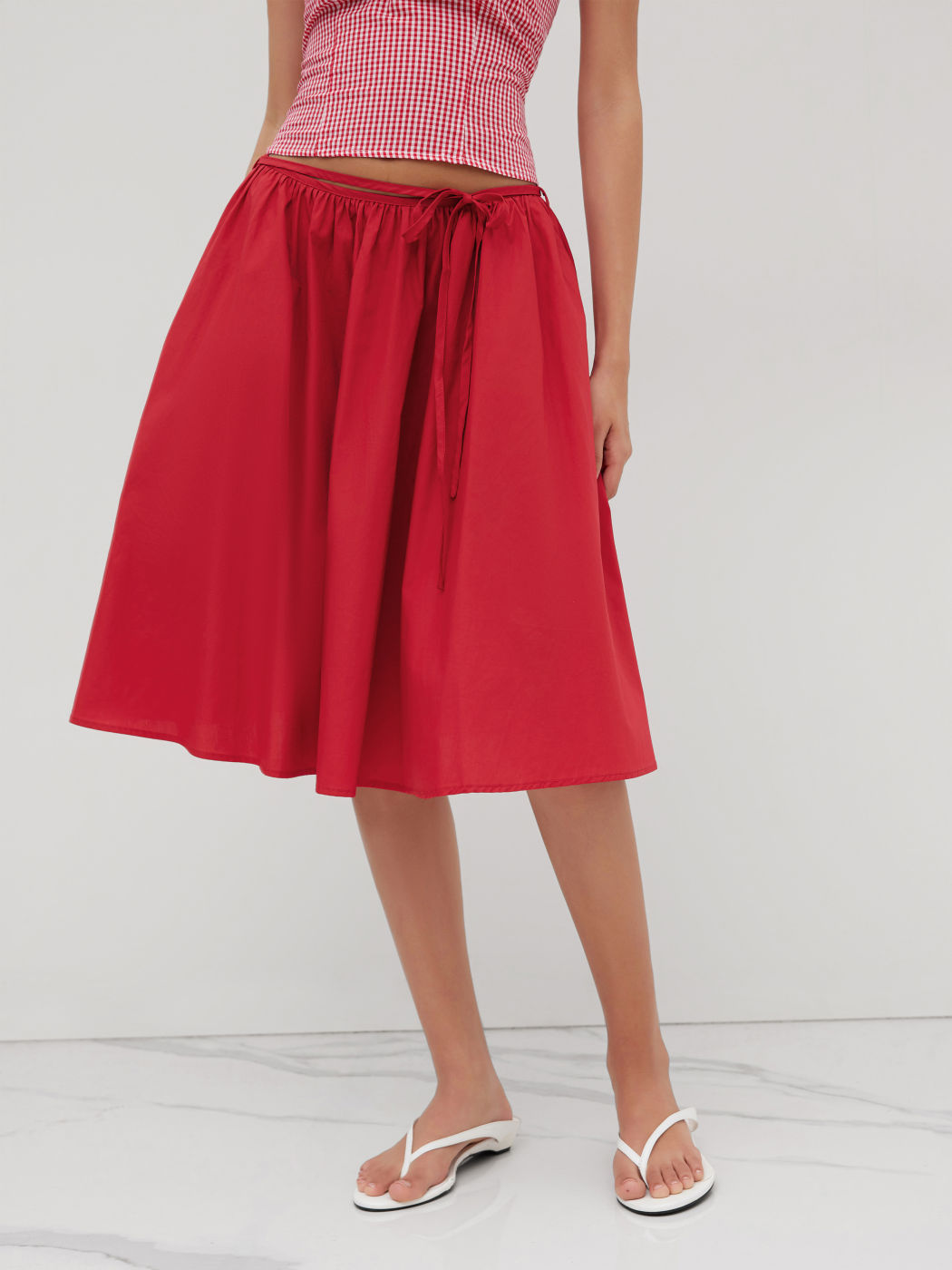 Voluminous 100%Cotton Mid Rise Knotted Ruffle Midi Skirt