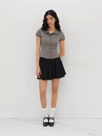 Peter-Pan-Kragen Gingham-Button-Bluse mit Ballonsärmeln