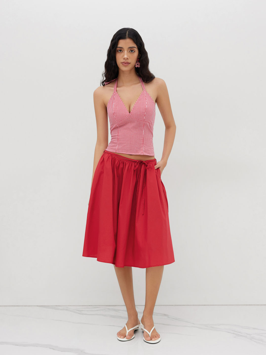 Voluminous 100%Cotton Mid Rise Knotted Ruffle Midi Skirt
