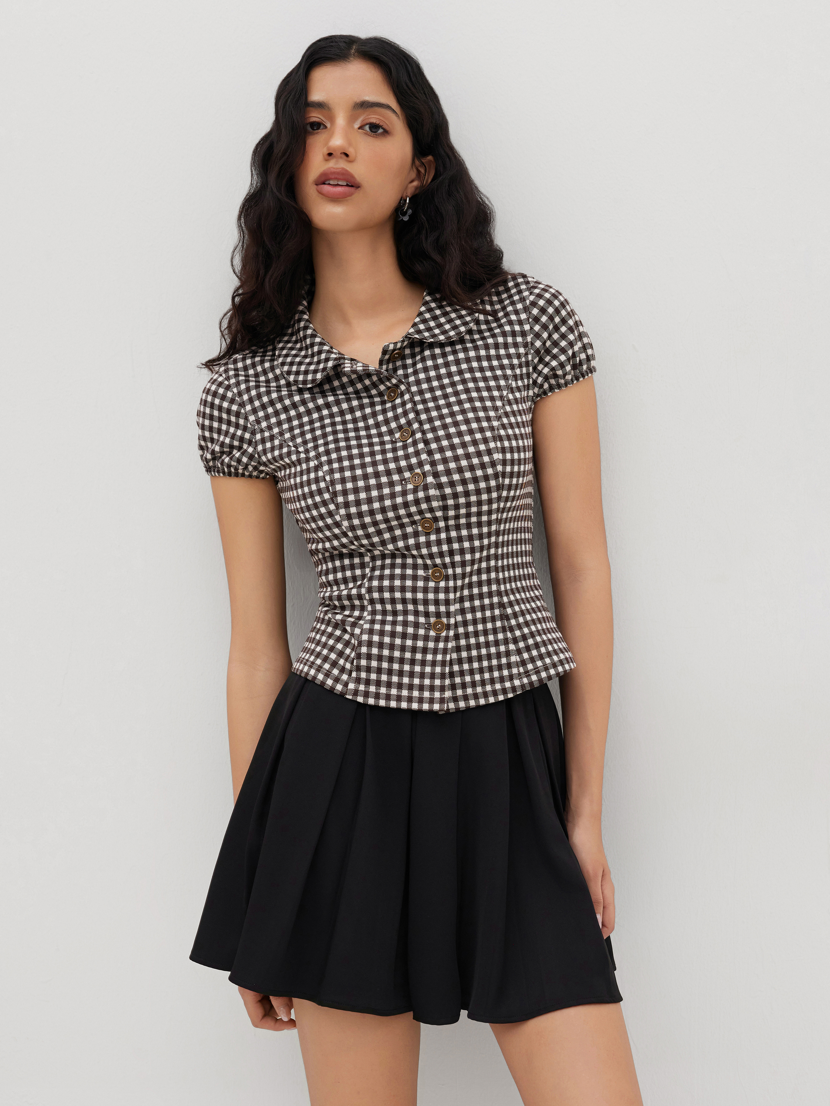 Peter Pan Collar Gingham Button Puff Sleeve Top