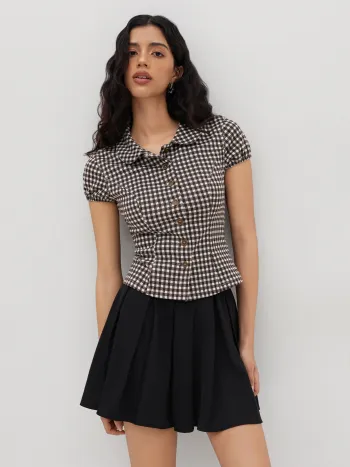 Peter-Pan-Kragen Gingham-Button-Bluse mit Ballonsärmeln