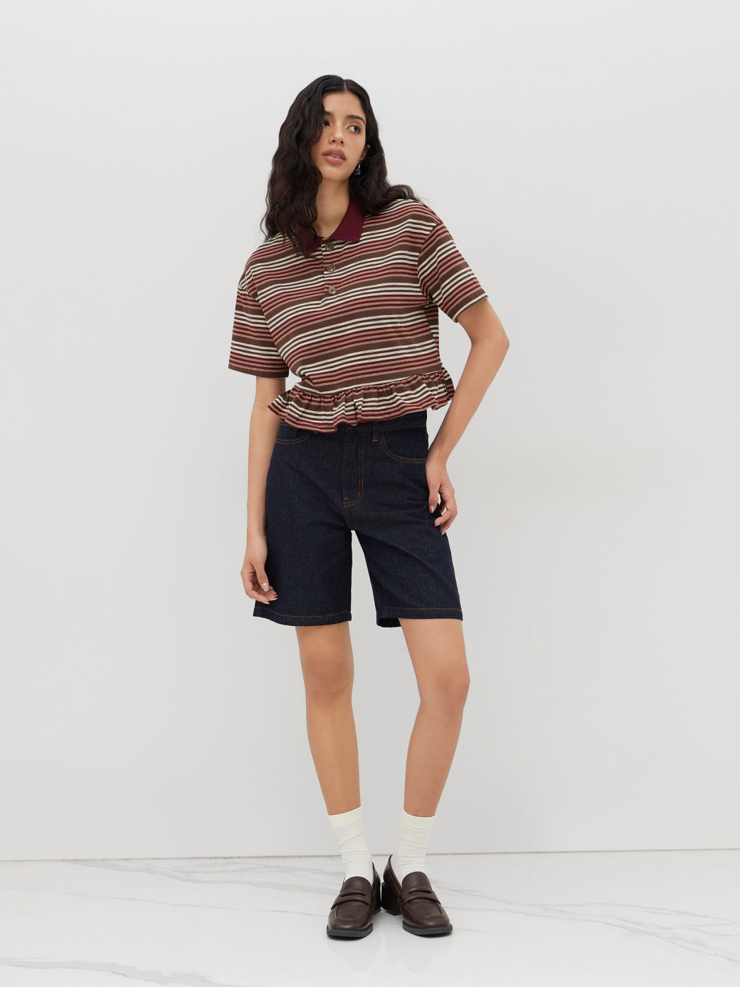 Cotton-blend Polo Stripe Ruffle Oversized Tee