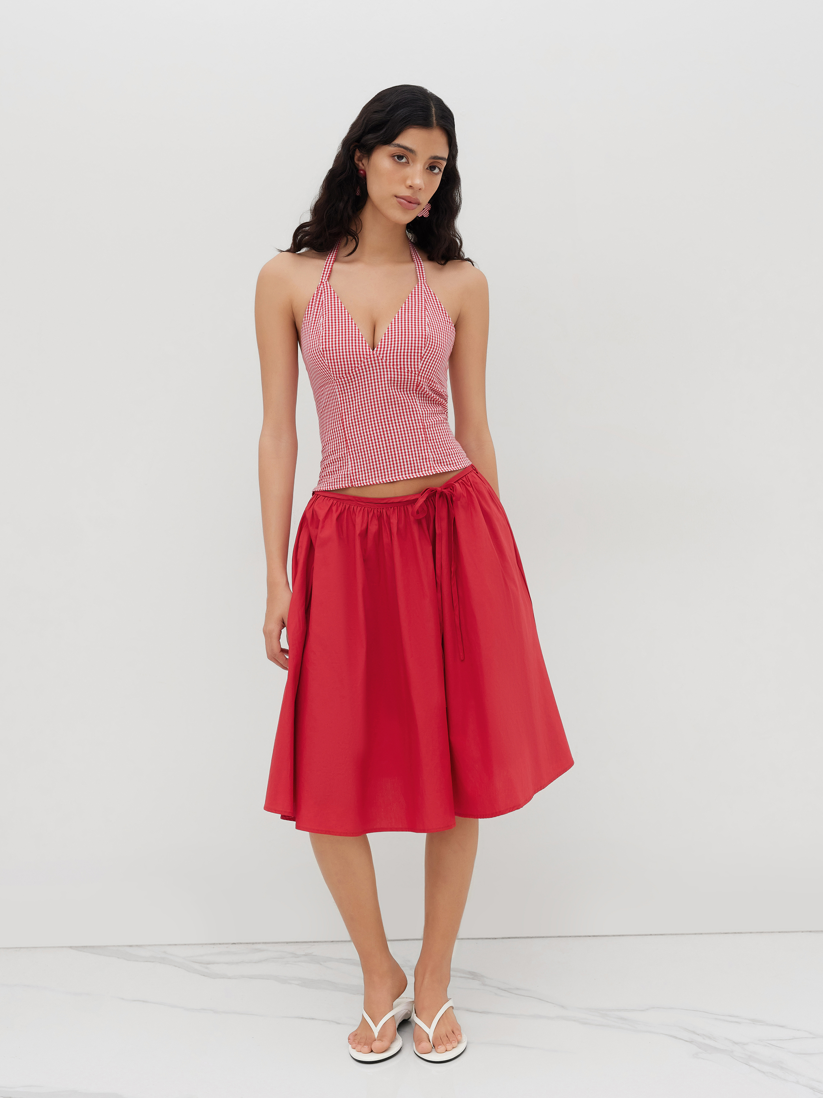 Knit Fabric 100% Cotton V-neck Gingham Knotted Cami Top For