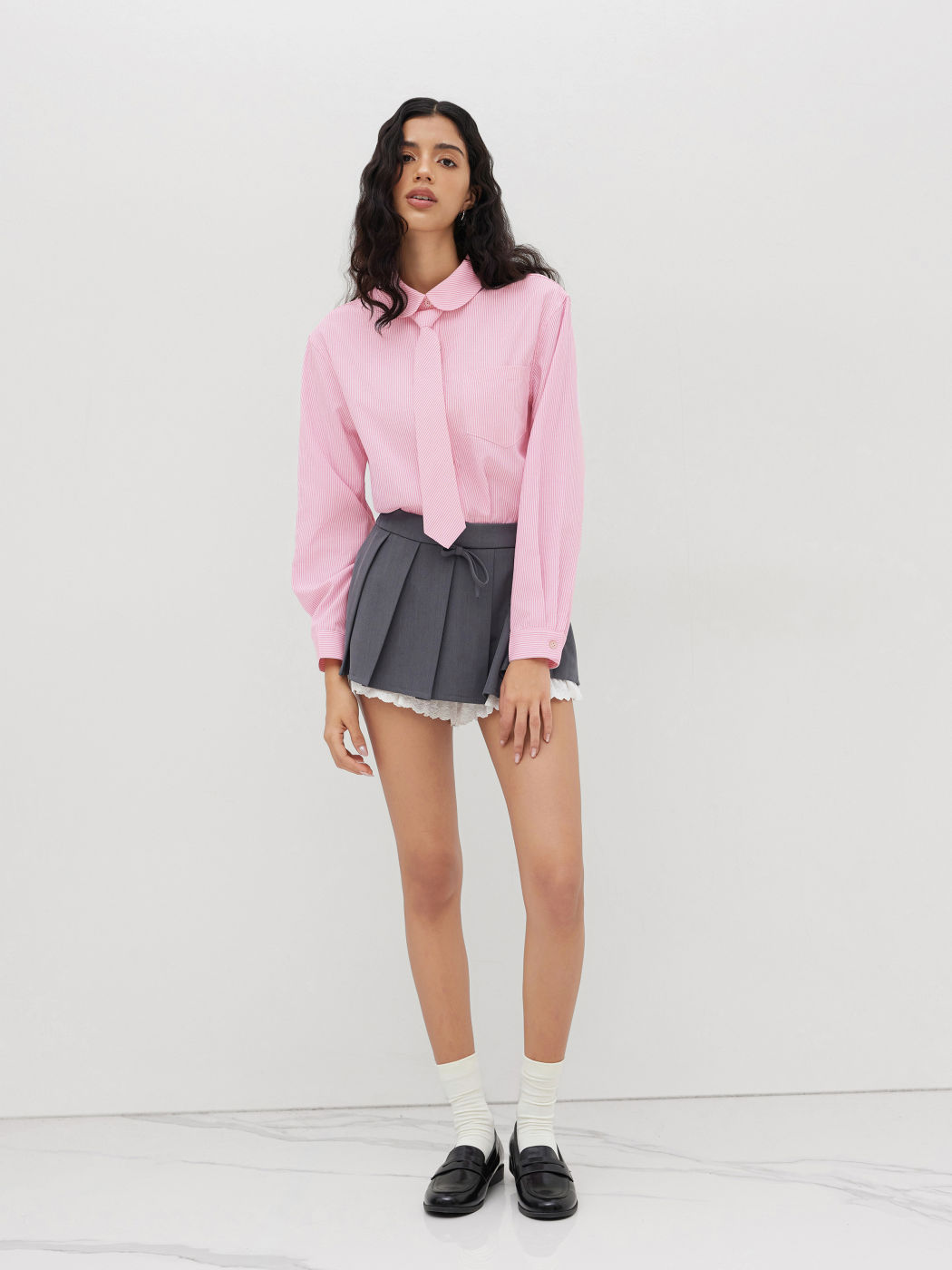 Cotton-blend Peter Pan Collar Stripe Oversized Shirt With Tie
