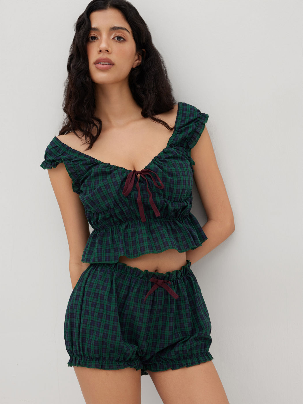 Cotton-blend Tartan Tank Top & Low Rise Tartan Bowknot Bloomer Shorts