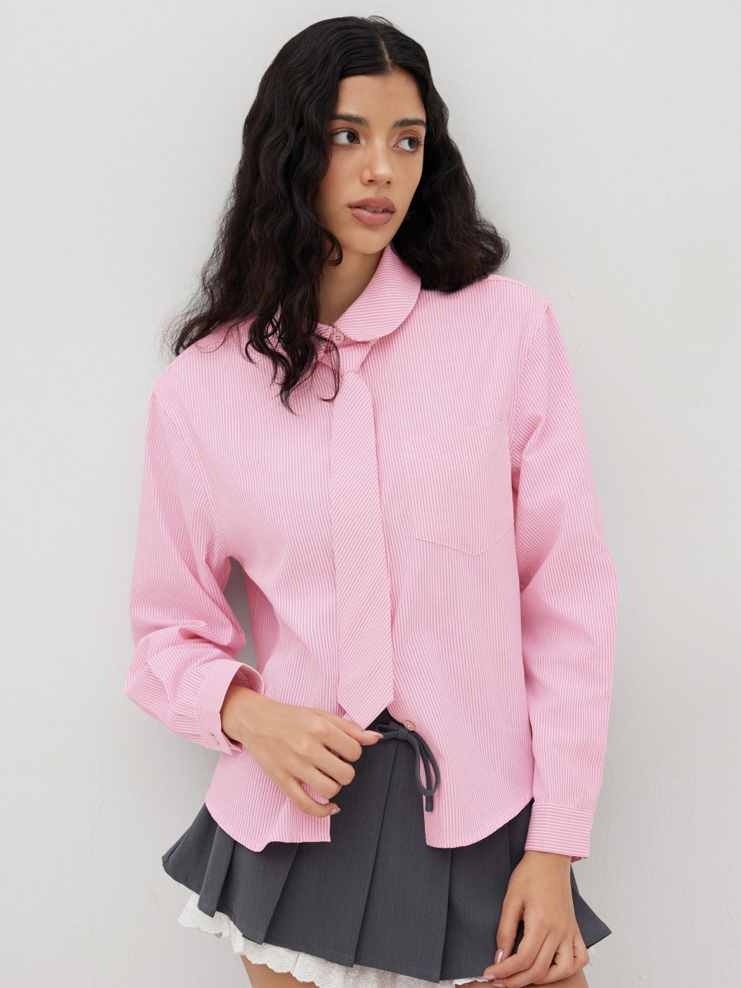 Cotton-blend Peter Pan Collar Stripe Oversized Shirt With Tie