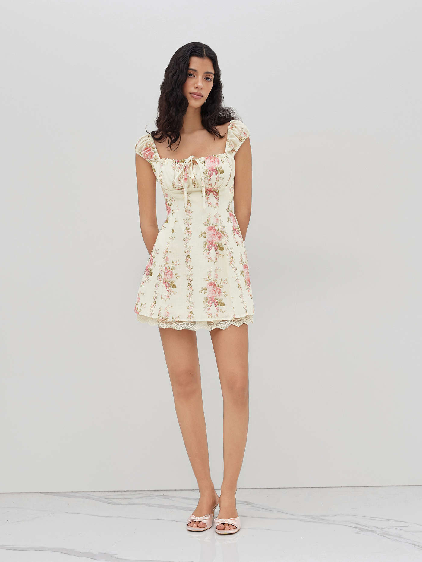 Square Neck Floral Knotted Mini Dress