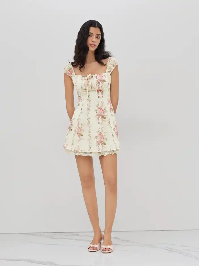 Sweetheart Lettuce Trim Ruffle Knotted Mini Dress
