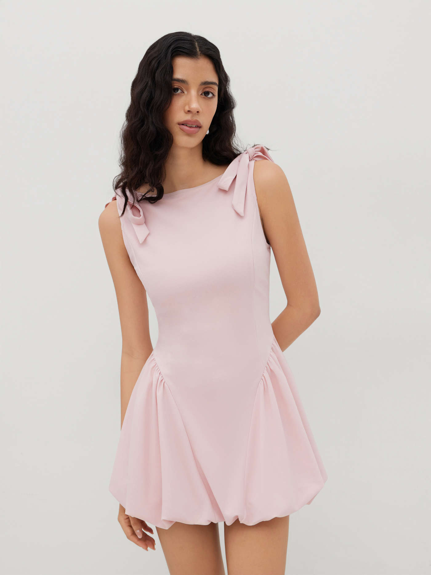 Boat Neck Bowknot Bubble Hem Mini Dress