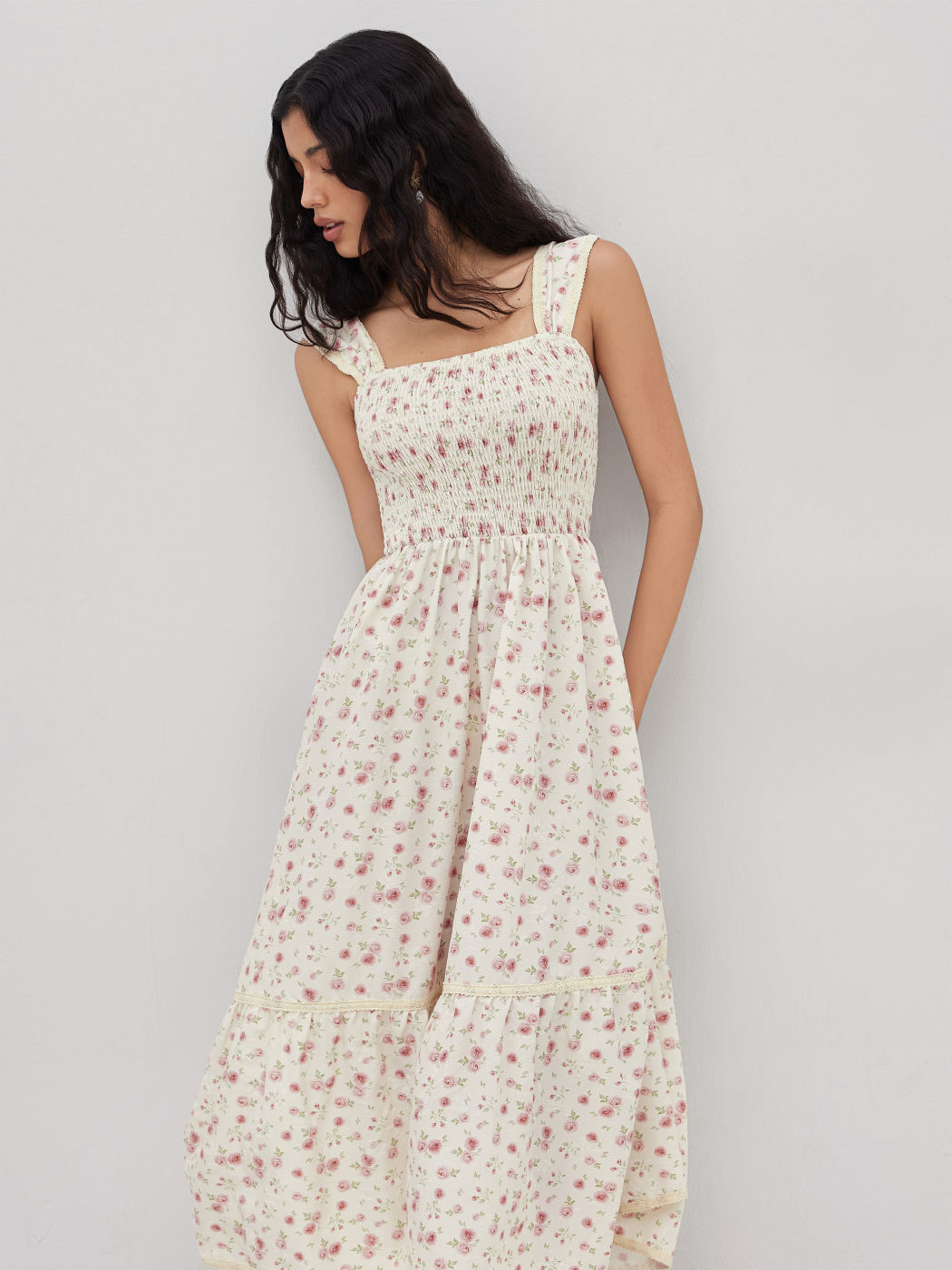 Square Neck Ditsy Floral Shirred Midi Dress
