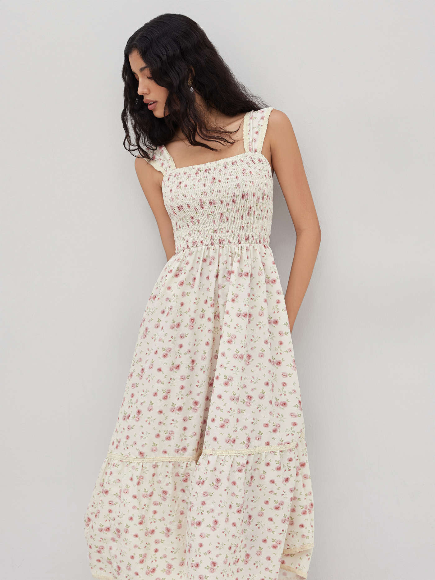 Square Neck Ditsy Floral Shirred Midi Dress
