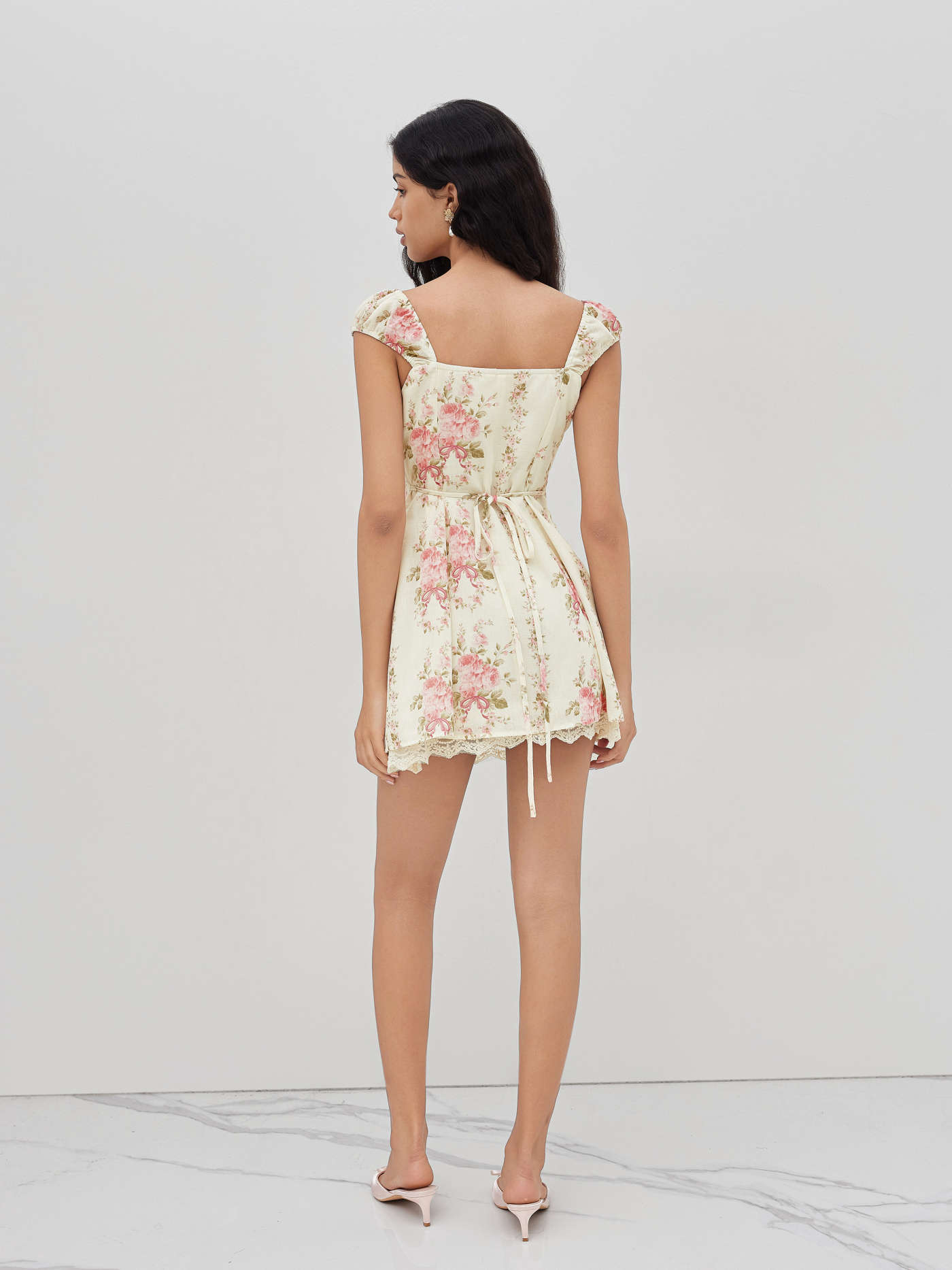 Square Neck Floral Knotted Mini Dress