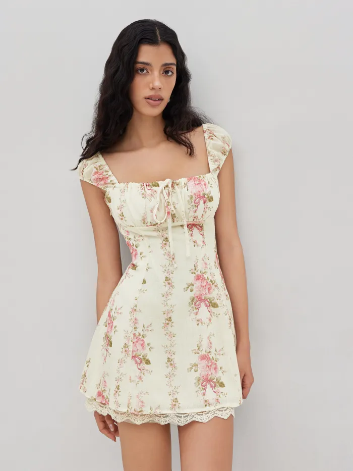 Chiffon V-neck Rosette Ruffle Hem Criss Cross Cami Maxi Dress