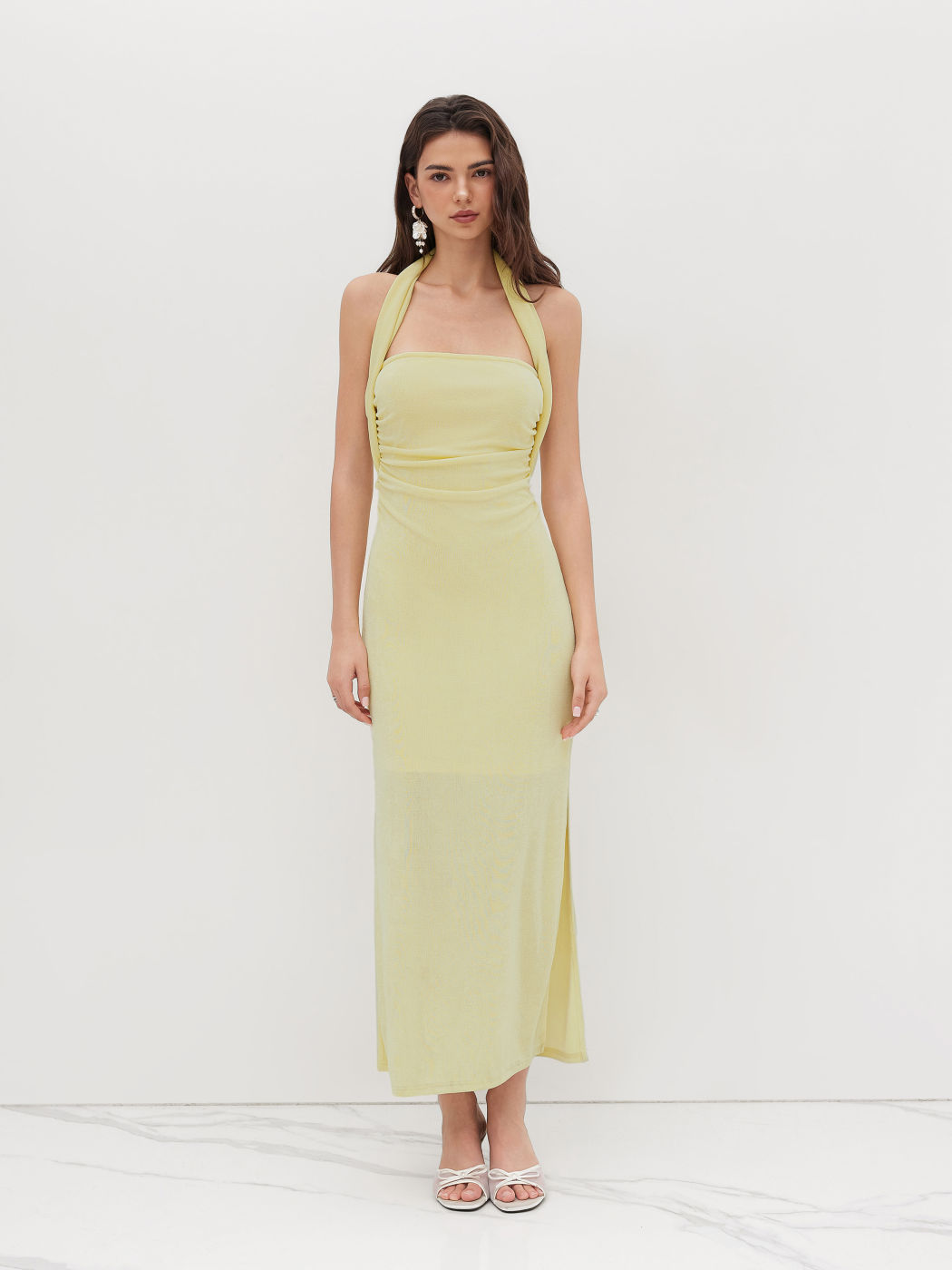 Halter Neckline Ruched Cut Out Back Maxi Dress