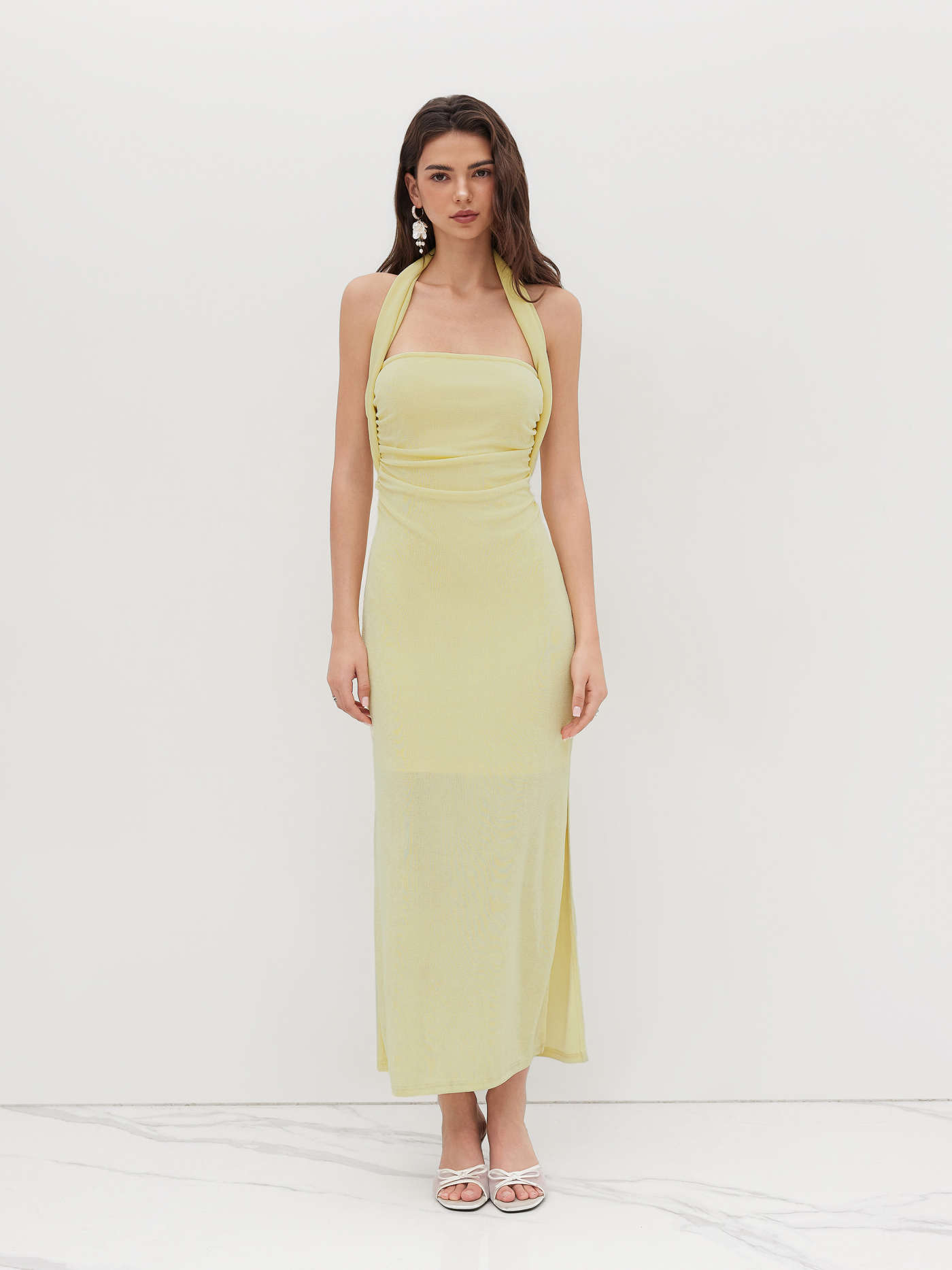 Halter Neckline Ruched Cut Out Back Maxi Dress