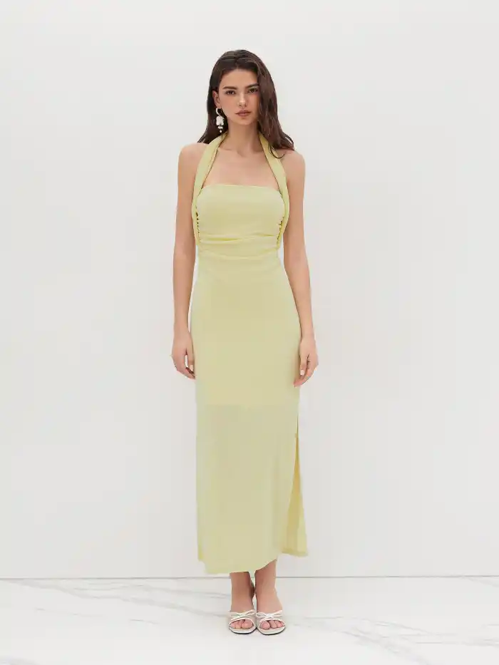 Cowl Neck Solid Glitter Drawstring Maxi Dress