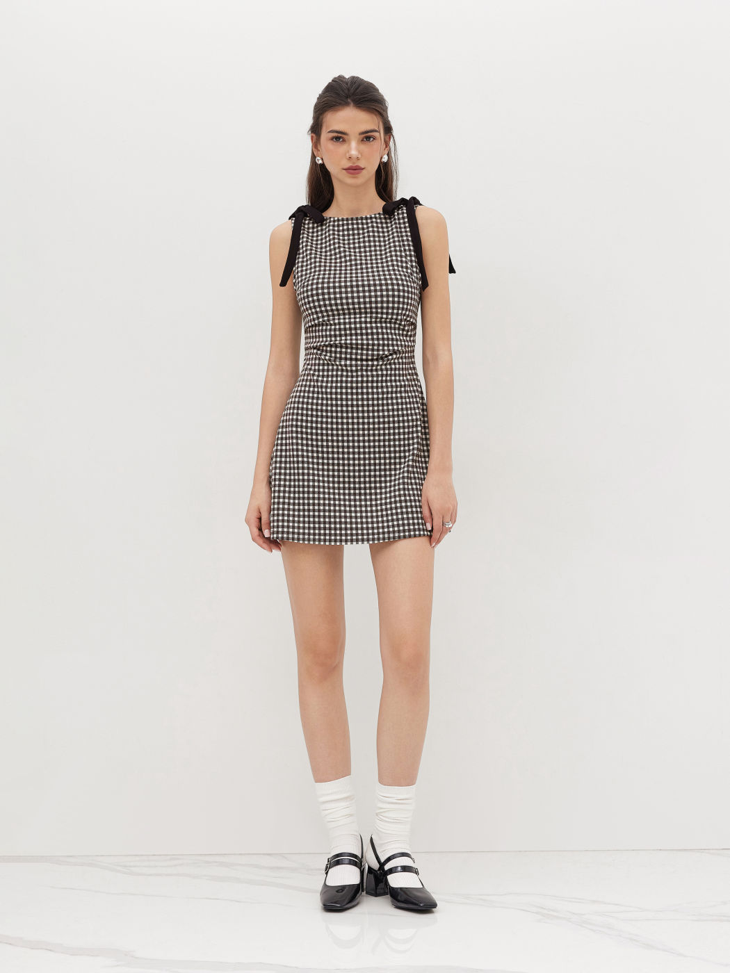 Round Neckline Gingham Bowknot Ruched Mini Dress